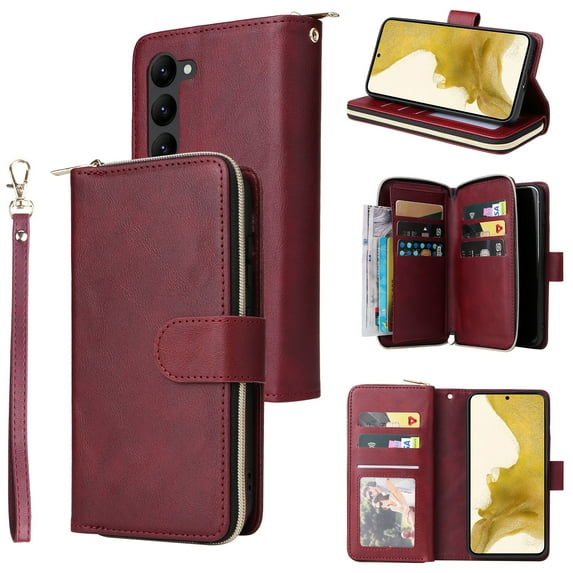 Allytechgroup for Samsung Galaxy S25 Edge Wallet Case with 9 Card Slots & Zipper Pouch for Women Men, Magnetic Closure Kickstand Durable PU Leather Wristlet Strap Folio Flip Luxury Cover, Winered