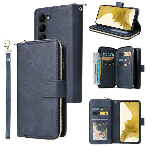 Allytechgroup for Samsung Galaxy S25 Edge Wallet Case with 9 Card Slots & Zipper Pouch for Women Men, Magnetic Closure Kickstand Durable PU Leather Wristlet Strap Folio Flip Luxury Cover, Blue