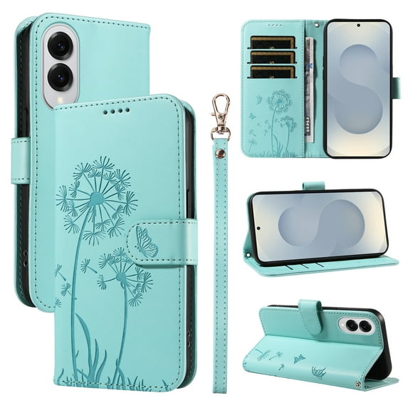 Allytechgroup For Samsung Galaxy S25 FE Flip PU Leather Wallet Case, Built-in Cash Slot Credit Card Pocket Shock-Absorbent Lightweight Protective Cover with Wrist Strap for Women Girls, Green