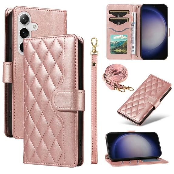 Allytechgroup For Samsung Galaxy S25+ Plus Case Wallet, Premium PU Leather Cards Slots Hand Wrist Shoulder Strap Flip Cover Stand Protective Phone Case for Samsung Galaxy S25+, Rosegold