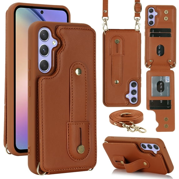 Allytechgroup Samsung Galaxy S25 Plus Case Wallet, Premium PU Leather Cover with Cards Holder Detacaahble Crossbody Lanyard & Hand Strap Shockproof Phone Case for Samsung Galaxy S25+ Plus, Brown