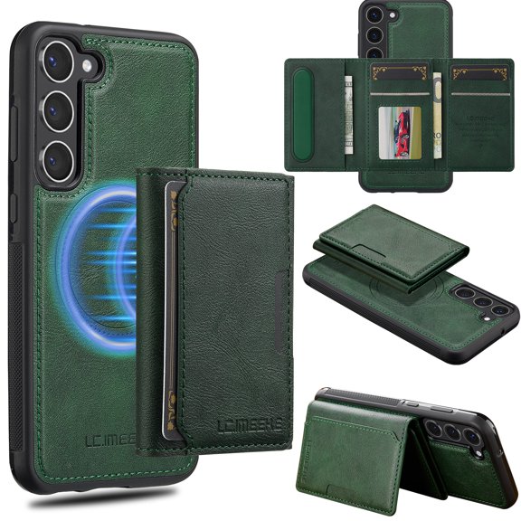 Allytechgroup for Samsung Galaxy S25 Plus/S25+ Case, Compatible with Magsafe RFID Blocking 2 in 1 Detachable Magnetic Wallet Case with Kickstand/Card Slots/Pockets/PU Leather TPU Bumper Cover, Green