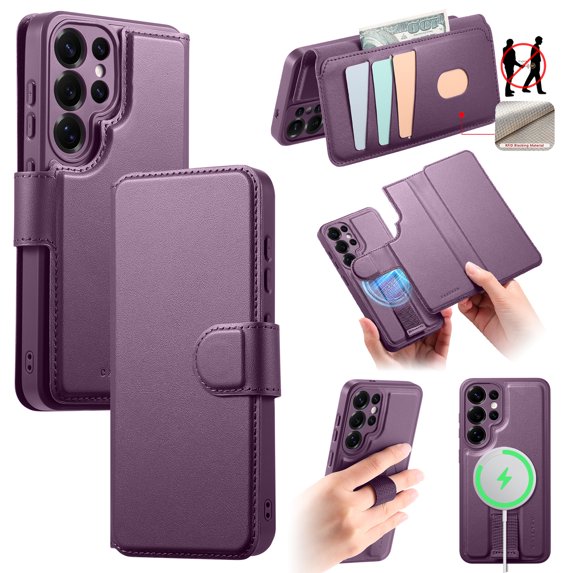 Allytechgroup for Samsung Galaxy S25 Ultra Case, 2-in-1 Wallet Phone Cover with Detachable PU Leather Card Holder, Magnetic MagSafe-Compatible RFID Blocking Protective Case & Wristband, Purple