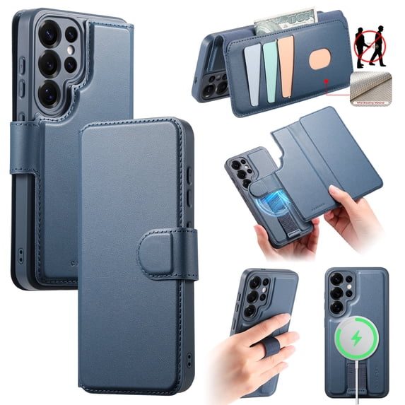 Allytechgroup for Samsung Galaxy S25 Ultra Case, 2-in-1 Wallet Phone Cover with Detachable PU Leather Card Holder, Magnetic MagSafe-Compatible RFID Blocking Protective Case & Wristband, Blue