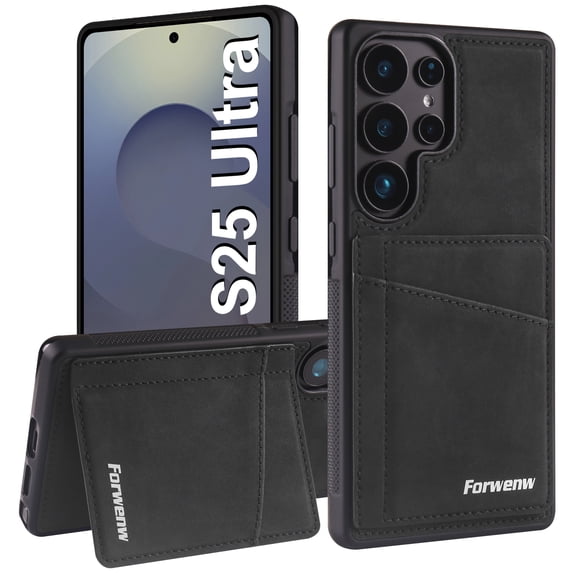 Allytechgroup for Samsung Galaxy S25 Ultra Case with Credit Card Holder/Kickstand/RFID Blocking Premium PU Leather Magnetic Wallet Cover Soft TPU Bumper Shockproof Stand Protective Phone Case, Black