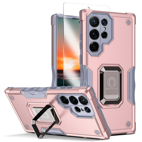 Allytechgroup for Samsung Galaxy S25 Ultra Case with Ring Holder, Built-in Glass Screen Protection Magnetic Car Mount Support Shockproof Protective Back Cover for Samsung Galaxy S25 Ultra, Rosegold