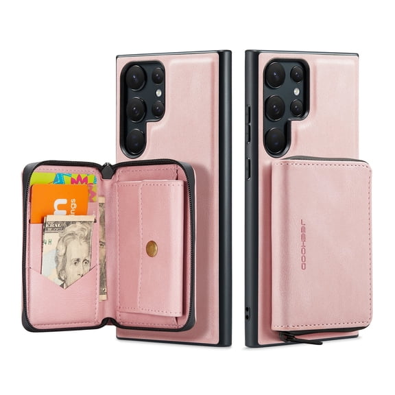 Allytechgroup for Samsung Galaxy S25 Ultra Case, Vegan PU Leather Anti-Scratch Magnetic Detachable Wallet Zipper Purse Stand Case with Card Slots for Samsung Galaxy S25 Ultra, Pink