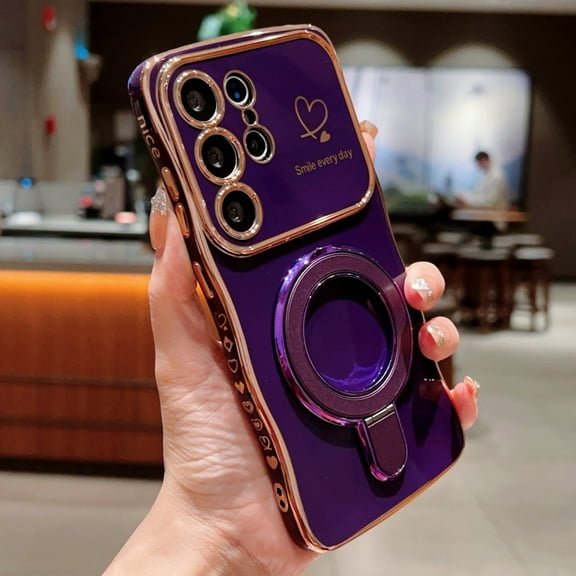 Allytechgroup For Samsung Galaxy S25 Ultra Case for Women Girls, Compatible with Magsafe Ring Kickstand Cute Curly Wave Frame Love Heart Pattern Luxury Plating Shockproof Phone Case Cover, Darkpurple