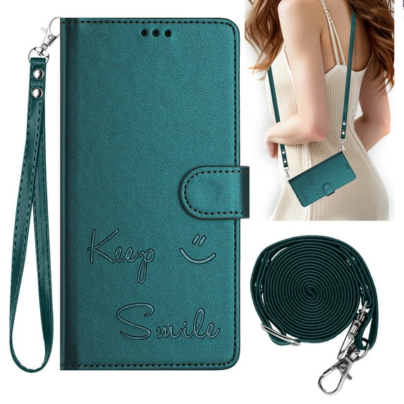 Allytechgroup for Samsung Galaxy S25 Ultra Wallet Case, Flip Cover with Hand Strap & Crossbody Lanyard, Card Holder, Protective Smile Design Phone Case Cover for Samsung Galaxy S25 Ultra,Darkgreen
