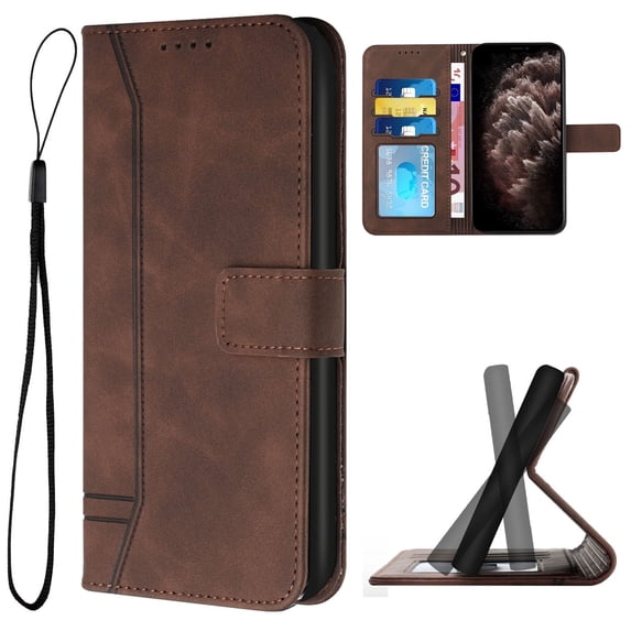 Allytechgroup for Samsung Galaxy S25+ Wallet Case, Premium PU Leather Folio RFID Blocking with Card Slot Wrist Strap Magnetic Closure Built-in Kickstand Protective Case for Women Men, Coffee