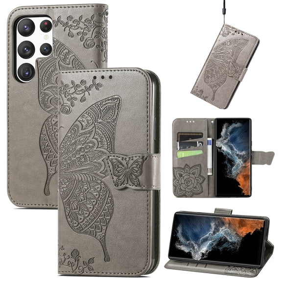Allytechgroup for Samsung Galaxy S26 Edge Flip Wallet Case, PU Leather [Butterfly & Flower Embossed] Magnetic Clasp Stand Case Built-in Card Slots & Cash Pocket Shockproof Wrist Strap, Gray