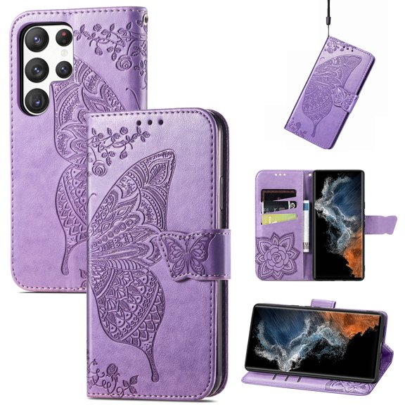 Allytechgroup for Samsung Galaxy S26 Edge Flip Wallet Case, PU Leather [Butterfly & Flower Embossed] Magnetic Clasp Stand Case Built-in Card Slots & Cash Pocket Shockproof Wrist Strap, Lightpurple