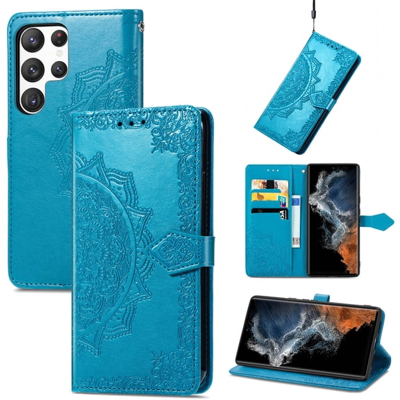 Allytechgroup for Samsung Galaxy S26 Edge Wallet Case, Luxury PU Leather with Embossed Pattern, Magnetic Clasp Kickstand Card Cash Slots Shockproof Case with Hand Strap for Women Men, Blue