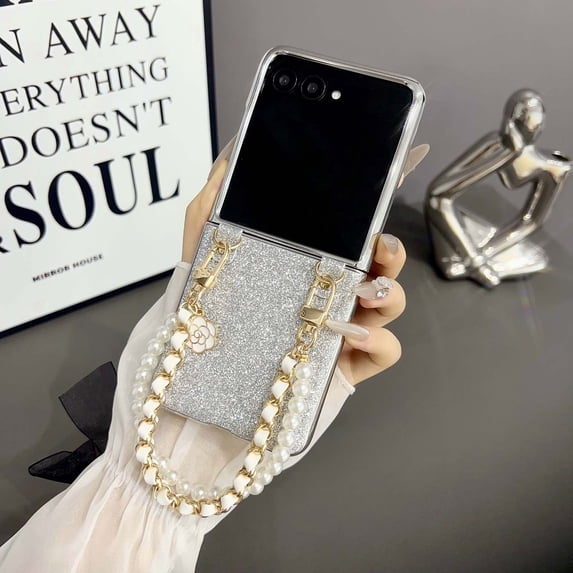 Allytechgroup for Samsung Galaxy Z Flip 3 Case with Pearl-Accented Metal Chain Phone Charm, Bling Glitter Plating Frame Classical Folding Slim Shockproof Cover for Samsung Z Flip 3, Silver