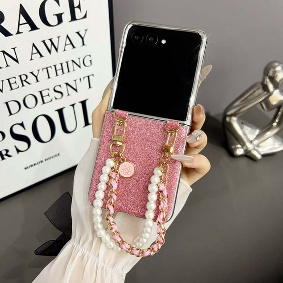 Allytechgroup for Samsung Galaxy Z Flip 3 Case with Pearl-Accented Metal Chain Phone Charm, Bling Glitter Plating Frame Classical Folding Slim Shockproof Cover for Samsung Z Flip 3, Pink