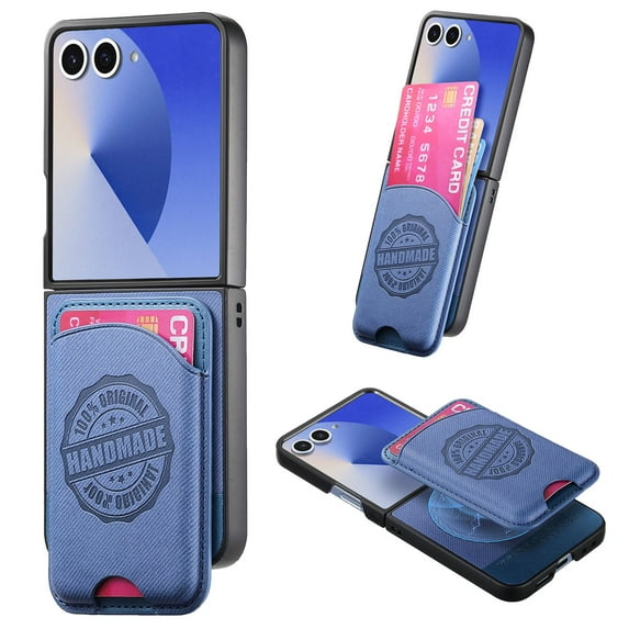 Allytechgroup for Samsung Galaxy Z Flip 4 Case with Card Holder, Magnetic Wireless Charging Wallet Back Cover, Faux Leather & Shockproof Hard PC Bumper, Lightweight, Anti-Slip Protective Shell, Blue