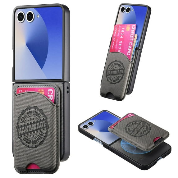 Allytechgroup for Samsung Galaxy Z Flip 4 Case with Card Holder, Magnetic Wireless Charging Wallet Back Cover, Faux Leather & Shockproof Hard PC Bumper, Lightweight, Anti-Slip Protective Shell, Gray