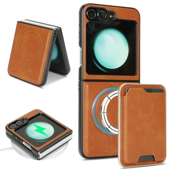 Allytechgroup for Samsung Galaxy Z Flip 5 Phone Case with Card Holder [Compatible with Magsafe Wireless Charging] Slim PU Leather Magnetic Wallet Back Flip Case Soft TPU Bumper Shockproof Cover, Brown