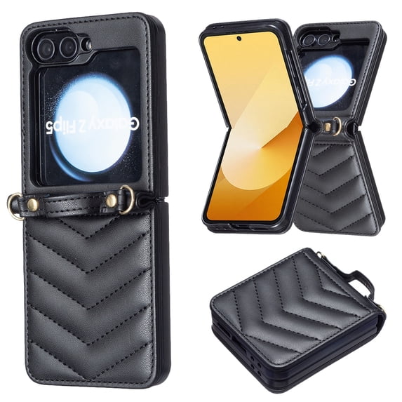 Allytechgroup for Samsung Galaxy Z Flip 6 Case with Shoulder Strap, Slim PU Leather &Soft TPU Back Cover Anti-Slip Rugged Shockproof Rubber Bumper Protective Phone Shell for Galaxy Z Flip 6, Black
