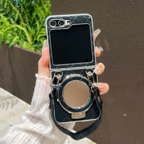 Allytechgroup for Samsung Galaxy Z Flip 7 Case, Lightweight Mirror PC+TPU Cover with Kickstand & Lanyard Support Wireless Charging Anti-Scratch Protection for Samsung Galaxy Z Flip 7 Women Men, Black