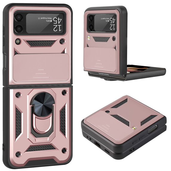 Allytechgroup for Samsung Galaxy Z Flip 7 Case with Ring Holder Kickstand, Slim Lightweight Silde Camera Lens Protector Hard PC Anti-Scratch Cover for Samsung Galaxy Z Flip 7, Rosegold