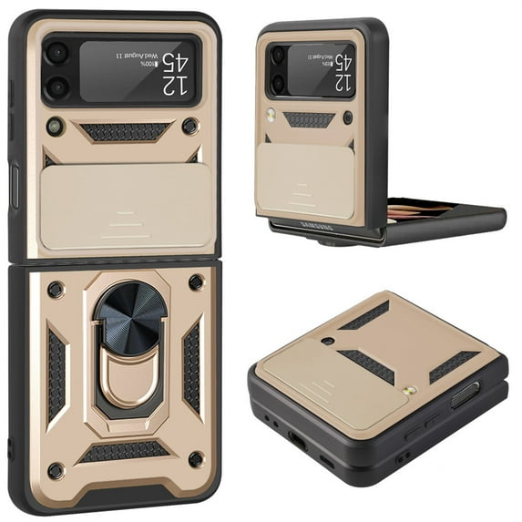 Allytechgroup for Samsung Galaxy Z Flip 7 Case with Ring Holder Kickstand, Slim Lightweight Silde Camera Lens Protector Hard PC Anti-Scratch Cover for Samsung Galaxy Z Flip 7, Gold