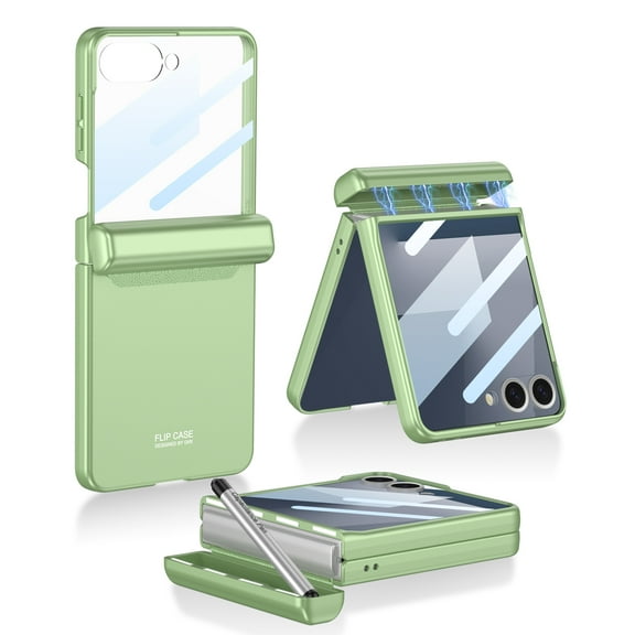 Allytechgroup for Samsung Galaxy Z Flip 7 Case with S Pen Holder & S Pen Magnetic Hinge Protection & Screen Protector [Compatible with MagSafe] Shockproof Phone Wireless Charging Cover, Matachegreen
