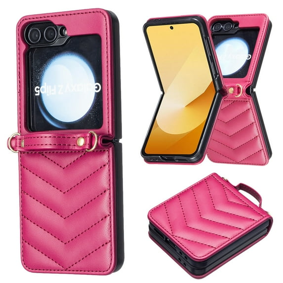 Allytechgroup for Samsung Galaxy Z Flip 7 Case with Shoulder Strap, Slim PU Leather &Soft TPU Back Cover Anti-Slip Rugged Shockproof Rubber Bumper Protective Phone Shell for Galaxy Z Flip 7, Rose