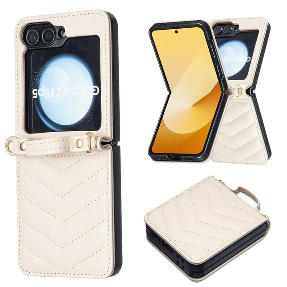 Allytechgroup for Samsung Galaxy Z Flip 7 Case with Shoulder Strap, Slim PU Leather &Soft TPU Back Cover Anti-Slip Rugged Shockproof Rubber Bumper Protective Phone Shell for Galaxy Z Flip 7, Beige