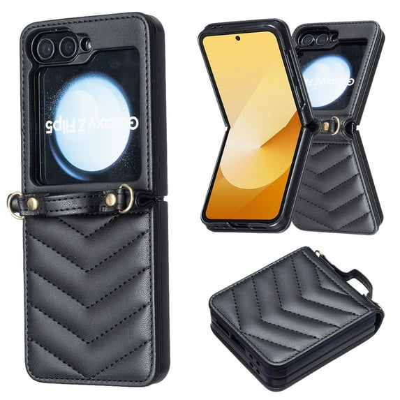 Allytechgroup for Samsung Galaxy Z Flip 7 Case with Shoulder Strap, Slim PU Leather &Soft TPU Back Cover Anti-Slip Rugged Shockproof Rubber Bumper Protective Phone Shell for Galaxy Z Flip 7, Black