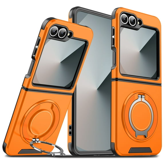 Allytechgroup for Samsung Galaxy Z Flip 7 FE/ 6 Case with Stand, [1x Screen Protector] Support Car Mount 360° Rotatable Ring Holder Stand Heavy Drop Shockproof Protective Cover for Women Men, Orange