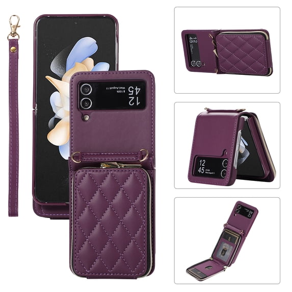 Allytechgroup for Samsung Galaxy Z Flip4 Wallet Case, Premium PU Leather Magnetic Buckle Zipper Pocket Card Slots Flip Stand Protective Cover with Hand Strap & Shoulder Strap - Darkpurple