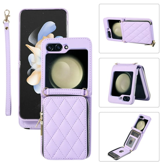 Allytechgroup for Samsung Galaxy Z Flip5 Wallet Case, Premium PU Leather Magnetic Buckle Zipper Pocket Card Slots Flip Stand Protective Cover with Hand Strap & Shoulder Strap - Purple