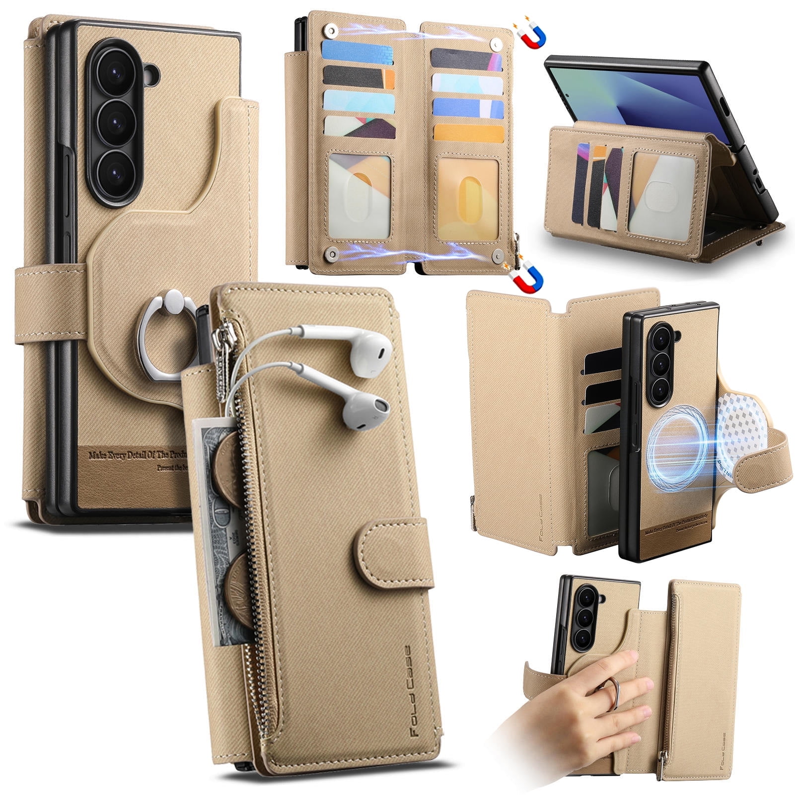 Allytechgroup for Samsung Galaxy Z Fold 3 Flip Case, Support Wireless Charging Anti-Scratch Built-in Grip Ring Shock-Absorbent PU Leather Protective Cover for Samsung Galaxy Z Fold 3, Khaki