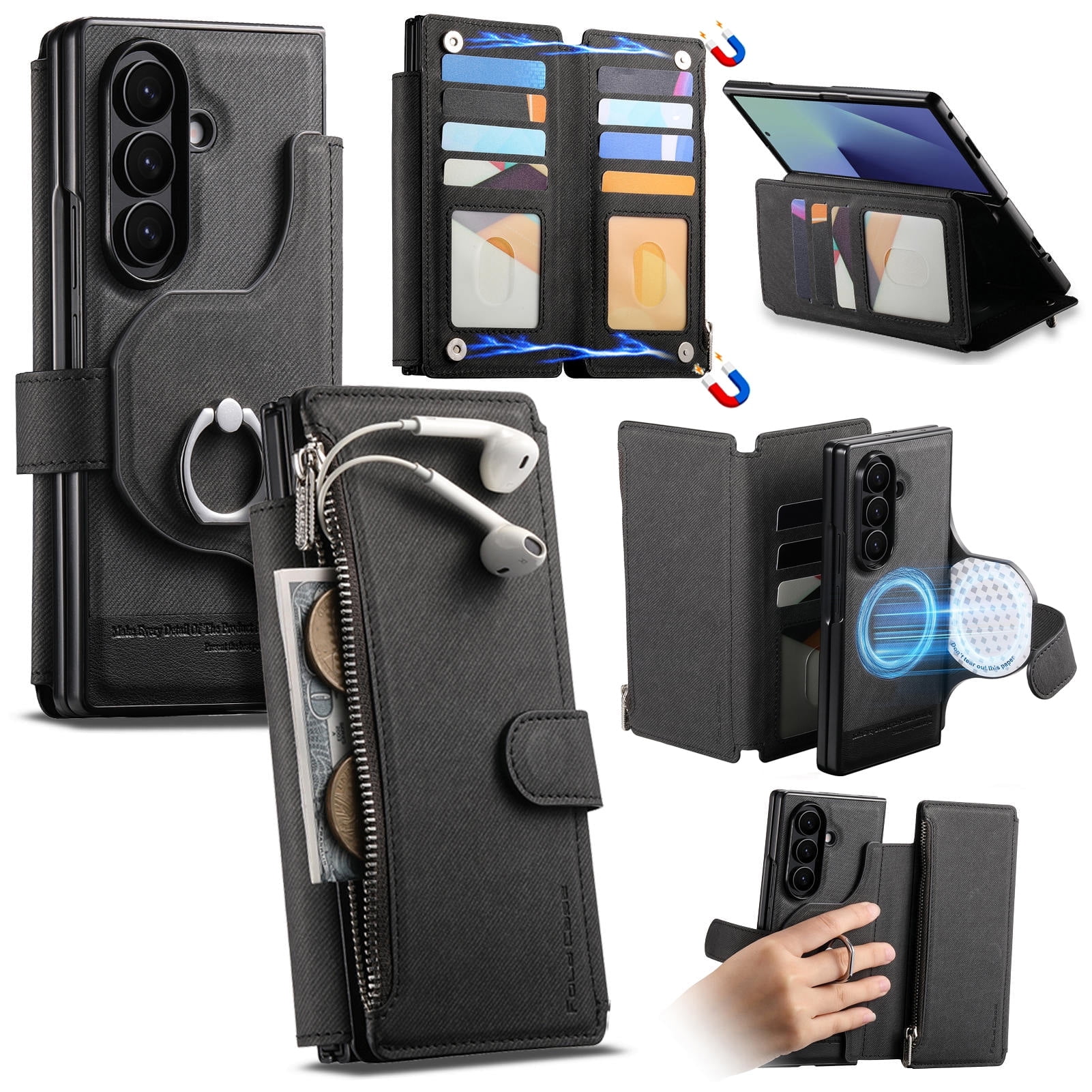 Allytechgroup Anti-Scratch PU Leather Soft Shell Flip Cell Phone Case with Protective Case Cover for Samsung Galaxy Z Fold 3, Black