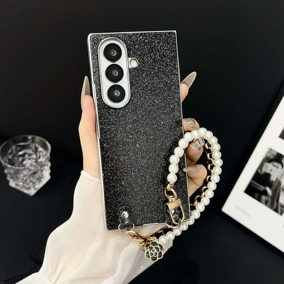 Allytechgroup for Samsung Galaxy Z Fold 5 Case with Pearl-Accented Metal Chain Phone Charm, Classical Folding Glitter Bling Plating Frame Slim Shockproof Cover for Samsung Galaxy Z Fold 5, Black