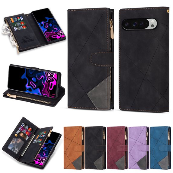 Allytechgroup for Samsung Galaxy Z Fold 5 Wallet Case with Zipper Pocket, PU Leather RFID Blocking Slim Fit Cards Slots Shockproof Flip Stand Hand Wrist Phone Case for Samsung Galaxy Z Fold 5, Black