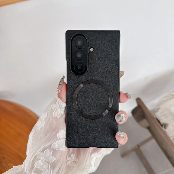 Allytechgroup for Samsung Galaxy Z Fold 7 Case, Shockproof Back Cover PU Leather Hard PC Protective Case Anti-Scratch Magnetic Shock-Absorbent Anti-Fingerprint Wireless Charging Support, Black