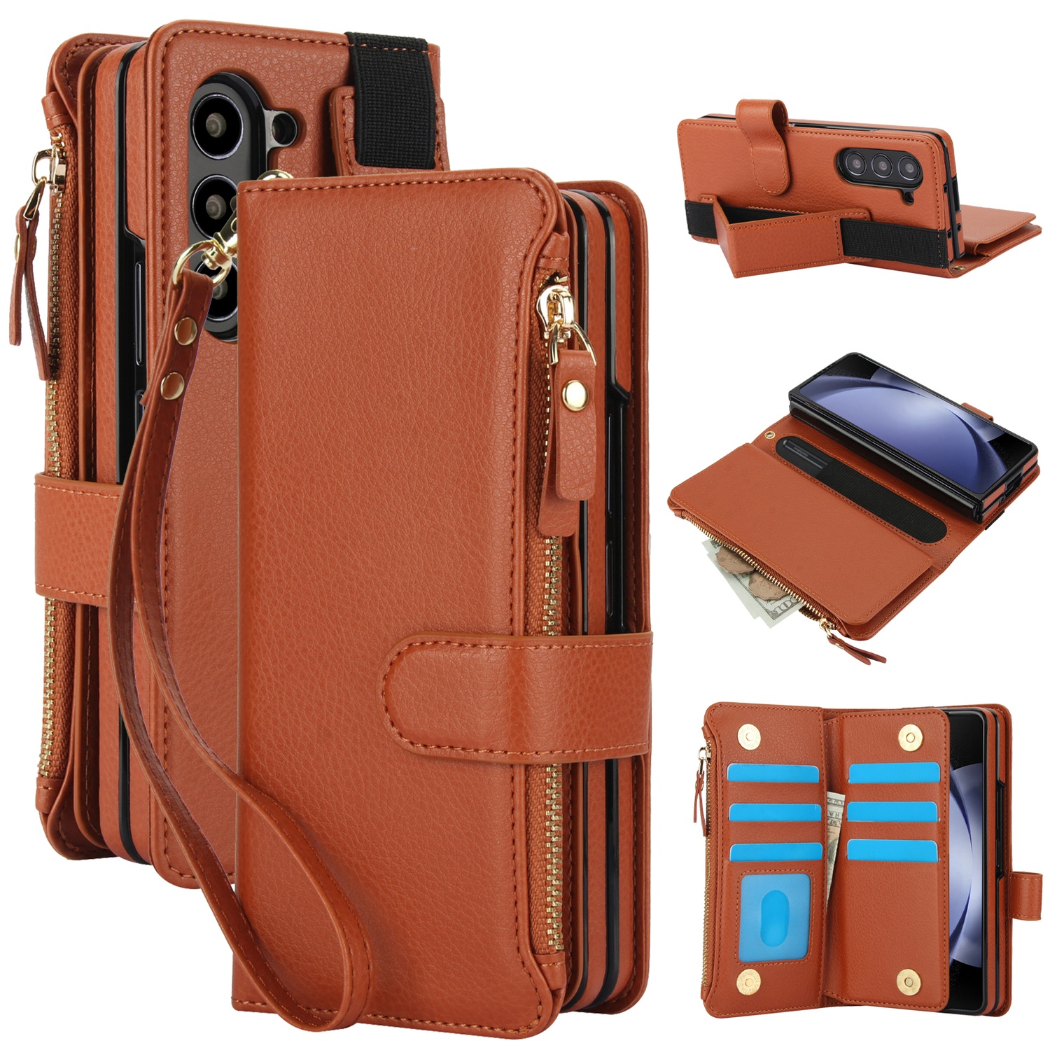 Allytechgroup for Samsung Galaxy Z Fold 7 Case Wallet, 7 Cards Slots Cash Zipper Pocket S Pen Holder Hand Strap Wrist Flip Cover Protective Phone Case for Samsung Galaxy Z Fold 7,Brown