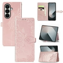 Allytechgroup for Samsung Galaxy Z Fold 7 Wallet Case, PU Leather with Embossed Pattern, Magnetic Clasp Kickstand Card Cash Slots Shockproof Slim Flip Case with Hand Strap for Women Men, Rosegold