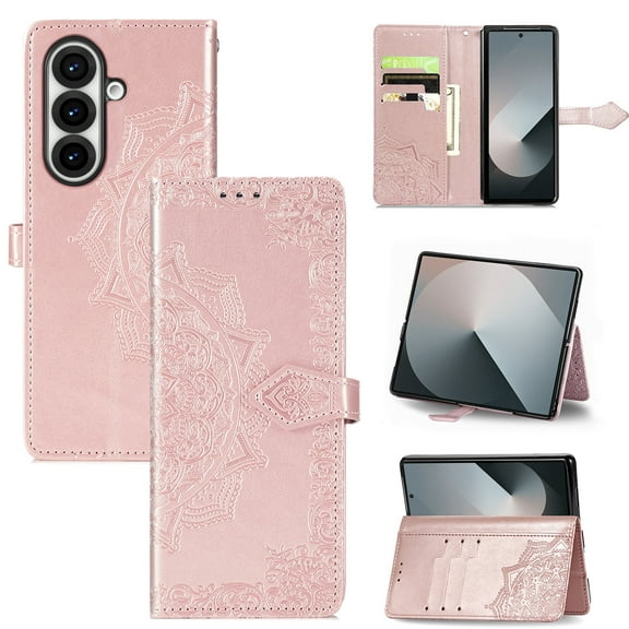 Allytechgroup for Samsung Galaxy Z Fold 7 Wallet Case, PU Leather with Embossed Pattern, Magnetic Clasp Kickstand Card Cash Slots Shockproof Slim Flip Case with Hand Strap for Women Men, Rosegold