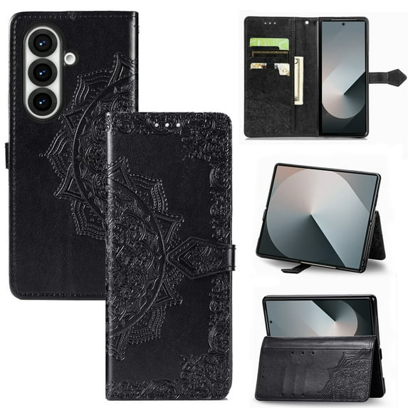 Allytechgroup for Samsung Galaxy Z Fold 7 Wallet Case, PU Leather with Embossed Pattern, Magnetic Clasp Kickstand Card Cash Slots Shockproof Slim Flip Case with Hand Strap for Women Men, Black