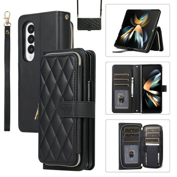 Allytechgroup for Samsung Galaxy Z Fold3 Wallet Case, Premium PU Leather Magnetic Buckle Zipper Pocket Card Slots Flip Stand Protective Cover with Hand Strap & Shoulder Strap - Black