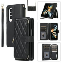 Allytechgroup for Samsung Galaxy Z Fold3 Wallet Case, Premium PU Leather Magnetic Buckle Zipper Pocket Card Slots Flip Stand Protective Cover with Hand Strap & Shoulder Strap - Black
