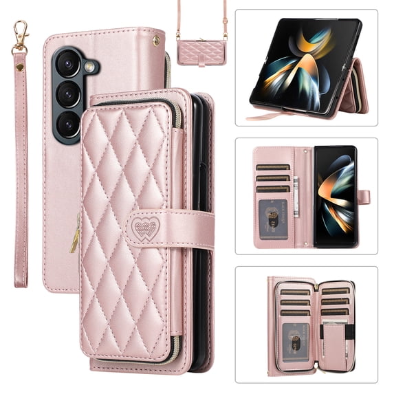 Allytechgroup for Samsung Galaxy Z Fold5 Wallet Case, Premium PU Leather Magnetic Buckle Zipper Pocket Card Slots Flip Stand Protective Cover with Hand Strap & Shoulder Strap - Rosegold