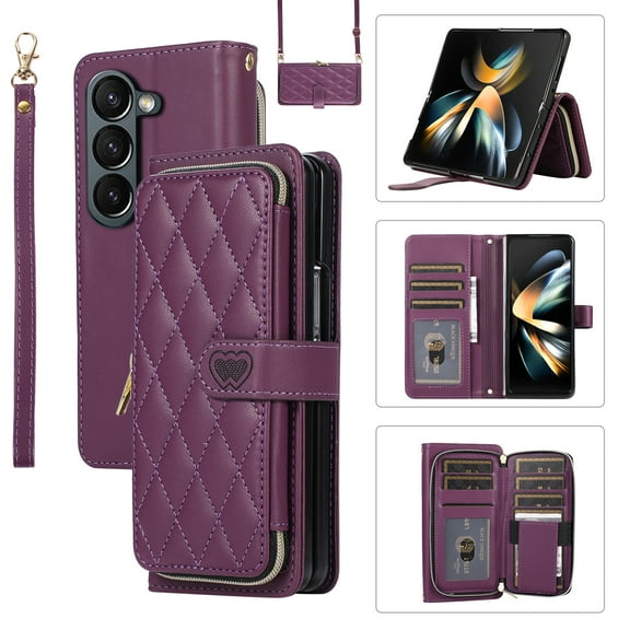 Allytechgroup for Samsung Galaxy Z Fold5 Wallet Case, Premium PU Leather Magnetic Buckle Zipper Pocket Card Slots Flip Stand Protective Cover with Hand Strap & Shoulder Strap - Darkpurple