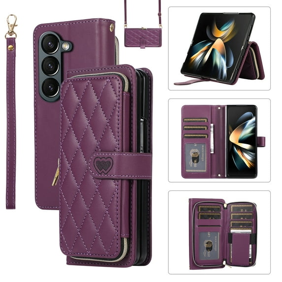 Allytechgroup for Samsung Galaxy Z Fold5 Wallet Case, Premium PU Leather Magnetic Buckle Zipper Pocket Card Slots Flip Stand Protective Cover with Hand Strap & Shoulder Strap - Darkpurple