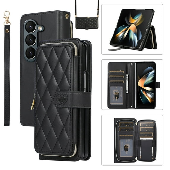 Allytechgroup for Samsung Galaxy Z Fold5 Wallet Case, Premium PU Leather Magnetic Buckle Zipper Pocket Card Slots Flip Stand Protective Cover with Hand Strap & Shoulder Strap - Black