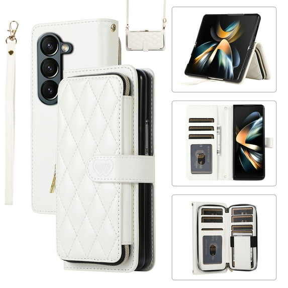 Allytechgroup for Samsung Galaxy Z Fold5 Wallet Case, Premium PU Leather Magnetic Buckle Zipper Pocket Card Slots Flip Stand Protective Cover with Hand Strap & Shoulder Strap - White