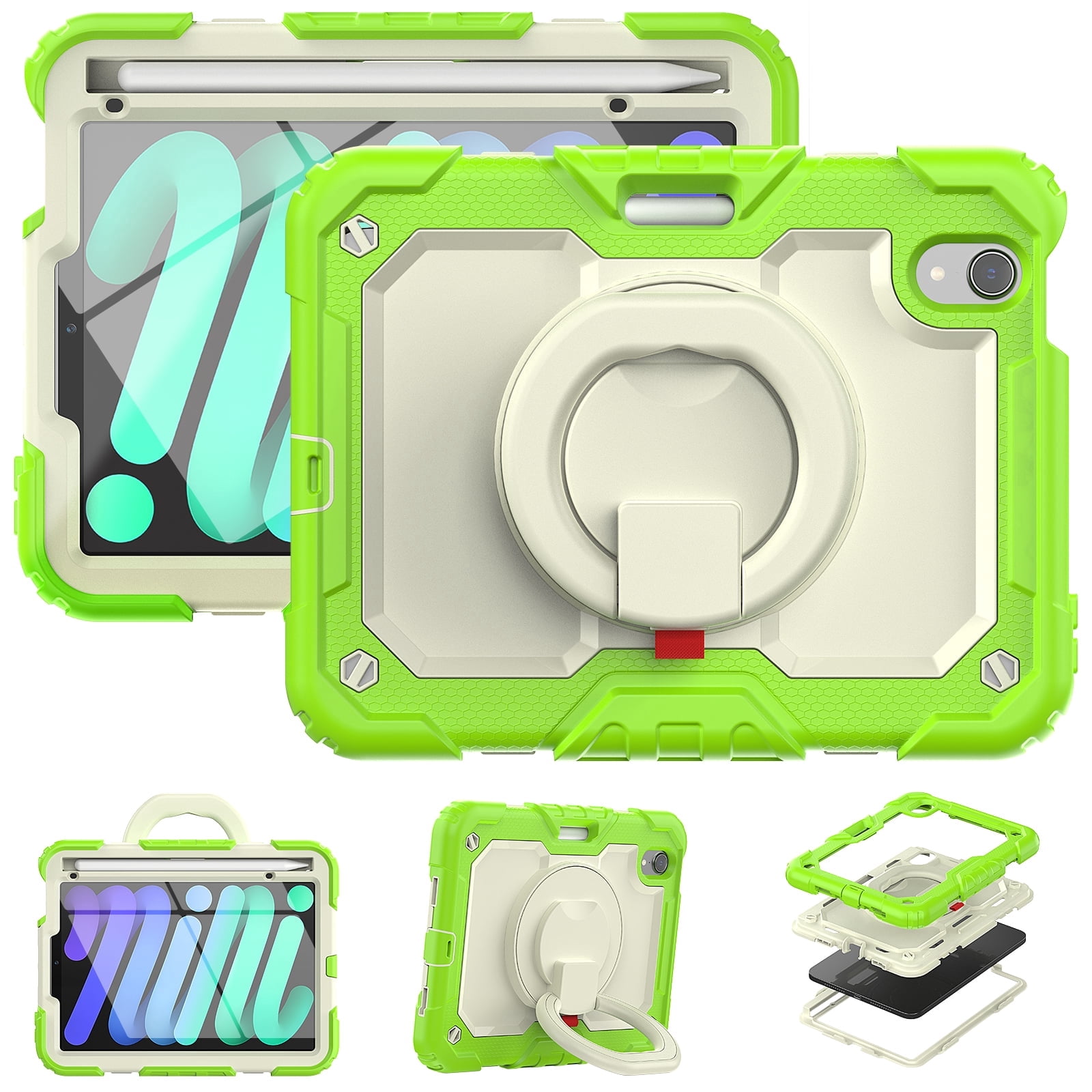 Allytechgroup Screen Protector Case for Apple iPad mini 7th Gen/ 6th Gen 8.3 Inch, Heavy Duty Protective Build-in Pencil Holder Handle Stand Rugged Bumper Case Kids Friendly for iPad mini 6 7, Lime